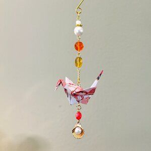 Origami Ornament #2303 - Small Crane with Shell Charm